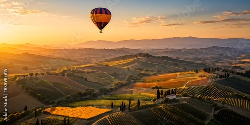 hot air balloon drifting above undulating tuscan hills in sunsets golden light