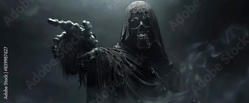 The Grim Reaper reaching out with a hand, wearing a dark hooded cloak and skull mask on his face