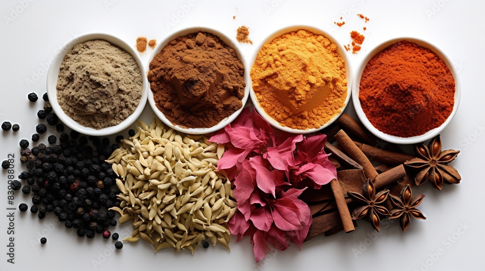 A Close-Up of Spice Powders and Seeds in Culinary Creation on white background