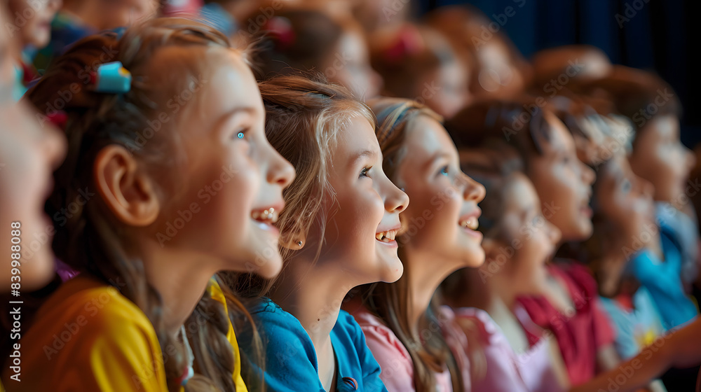 A group of excited children with bright smiles watch a performance, their faces full of wonder and joy. A group of excited children with bright smiles watch a performance, their faces full of wonder and joy.