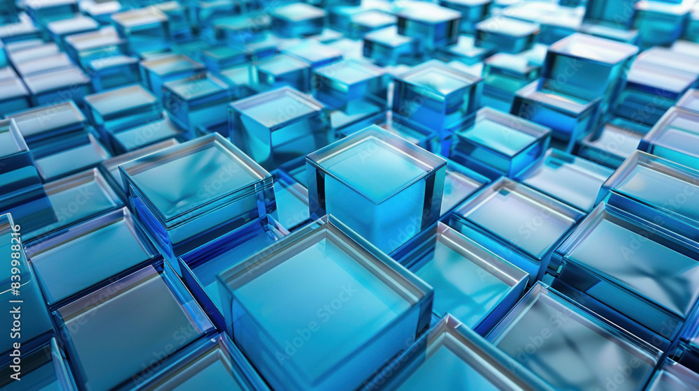 Fototapeta premium A beautifully arranged neat stack of assorted blue glass cubes exuding precision and elegance