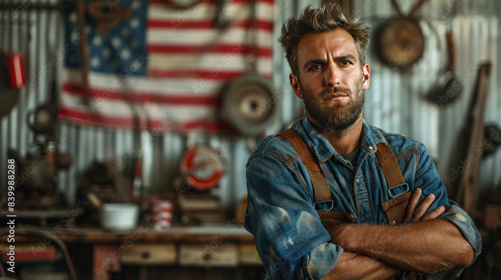 A determined worker and the American flag behind him A determined worker and the American flag behind him