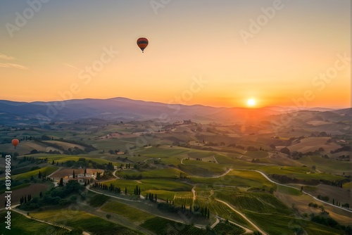 hot air balloon drifting above undulating tuscan hills in sunsets golden light