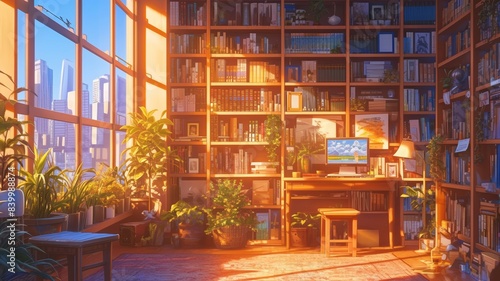 Bright reading corner with large window, daytime scene, plants, warm sunlight, bookshelves, indoor garden, cozy atmosphere, cityscape, inviting armchair, urban library, serene reading space