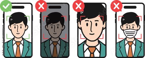 スマートフォンの画面を使って顔認証をしている男性のOK/NG使い分け