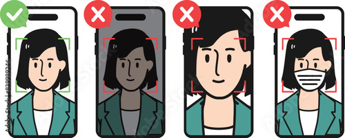 スマートフォンの画面を使って顔認証をしている女性のOK/NG使い分け