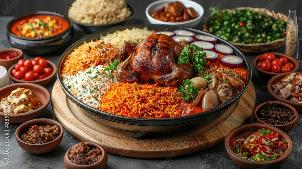 A large bowl of food with a chicken in the center