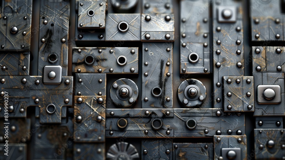 Fototapeta premium A close up of a metal surface with many holes and screws. The image has a vintage and industrial feel to it