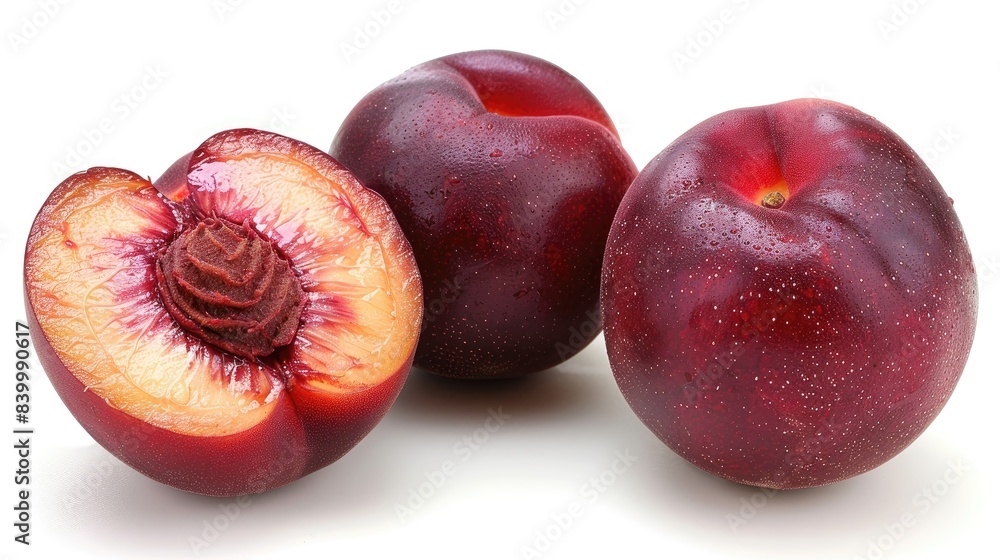 Three plums with one of them cut in half