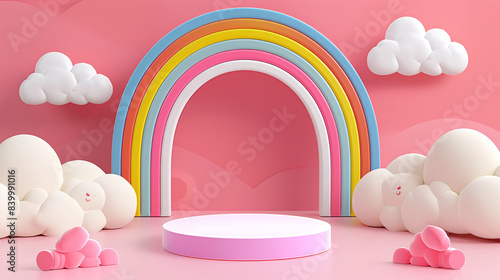 A display stand with clouds and rainbows as a background for displaying bright products. Ai generate. © MOUNTAIN