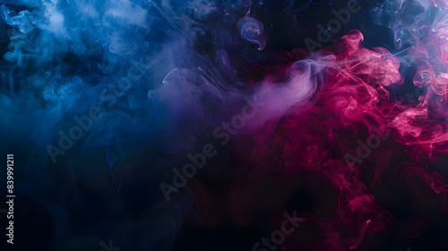 Mockup for abstract magic in a dark studio with colored smoke, incense, or gas. For cloud pollution, use airborne steam, fog, or vapor mist on a black background with a banner.