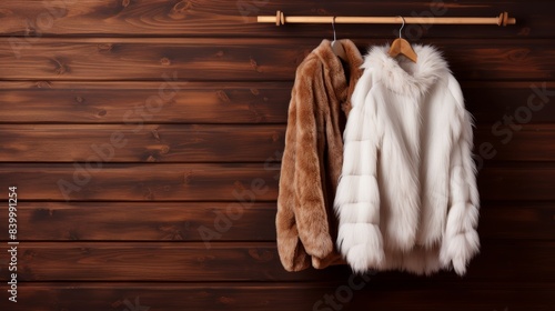 A rack of clothes hanging on a wooden wall. The clothes are all white and fluffy photo