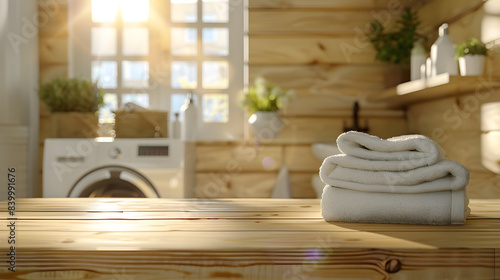 Stack of white towels is neatly placed on wooden surface sunlit laundry room background includes washing machine potted plants shelves with laundry essentials creating bright and welcoming atmosphere
