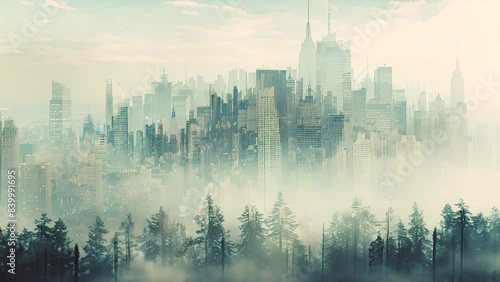 Double exposure of a cityscape and wilderness, merging urban life with nature in a thoughtprovoking visual contrast photo