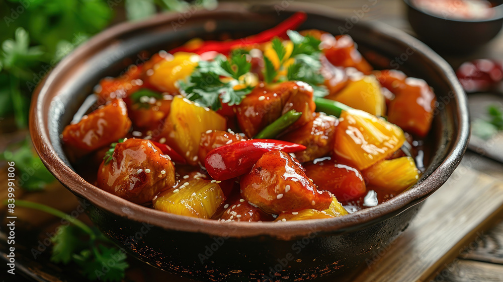 A plate of sweet and sour pork with colorful bell peppers and pineapple chunks, served in a cozy Chinese family restaurant A plate of sweet and sour pork with colorful bell peppers and pineapple chunks, served in a cozy Chinese family restaurant