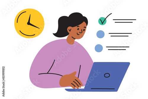 Vector illustration of a student taking a timed test on a laptop. Flat cartoon style. Online education and study on deadlines and timers. Digital exam setting in school or university. Remote learning