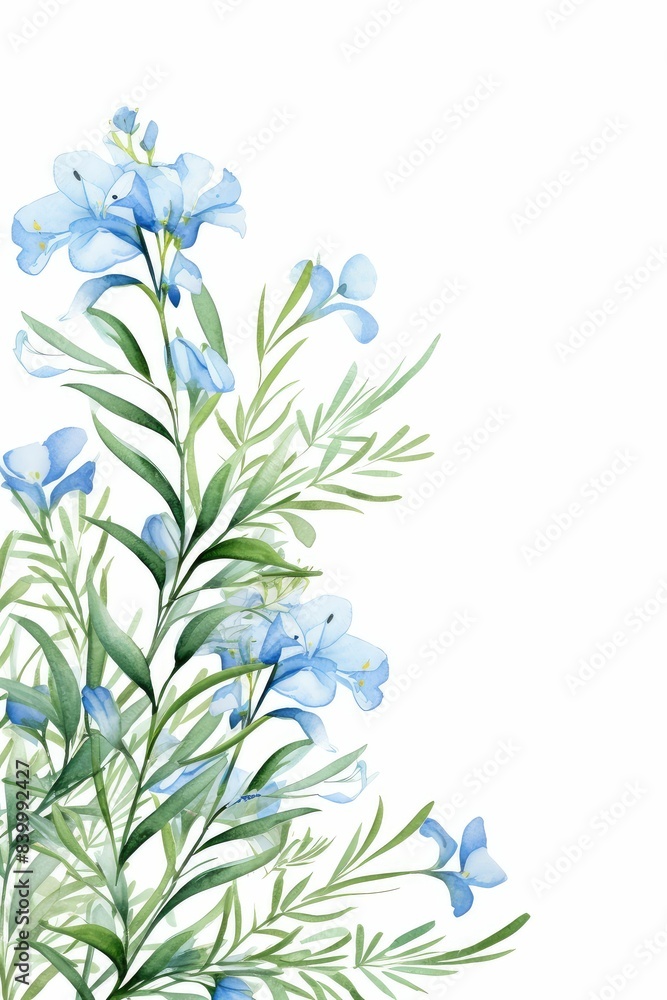 rosemary themed frame or border for photos and text. featuring delicate blue flowers and green foliage. watercolor illustration, white color background. rosemary themed frame or border for photos and text. featuring delicate blue flowers and green foliage. watercolor illustration, white color background.