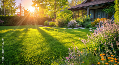 Beautiful home garden with a lush green lawn and colorful flowers at sunset, a perfectly manicured landscape design with well-maintained landscaping © Kien