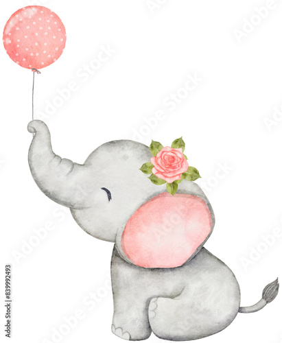 Watercolor baby elephant holding balloon. African baby animal for baby shower girl, nursery decorations