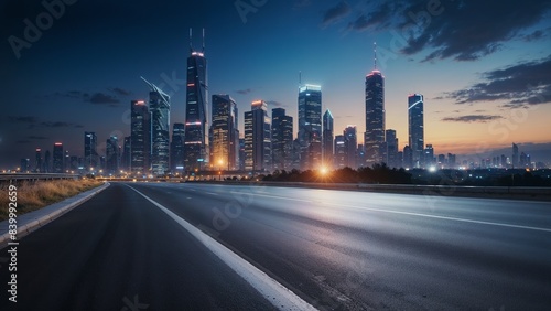 cyberpunk empty road against a cityscape High speed light effect Medium shot beautiful light and brightness 