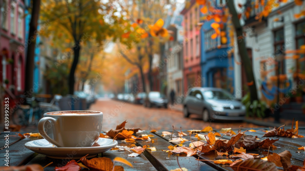 Admire the scene from a cafe table, where a coffee cup sits amidst changing leaves and passing cars Admire the scene from a cafe table, where a coffee cup sits amidst changing leaves and passing cars