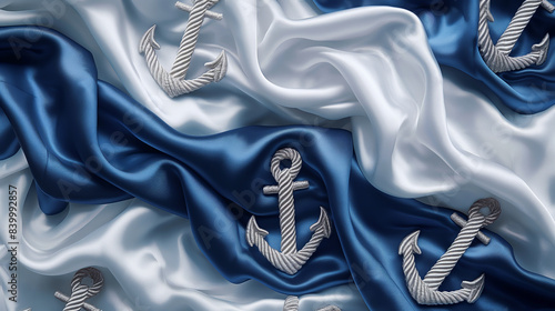 Nautical themed satin background with anchor and rope motif in navy blue.
