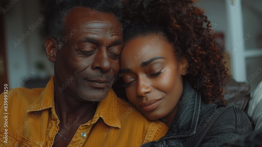 Fototapeta premium A tender moment of an affectionate couple embracing with eyes closed, conveying deep love and connection.