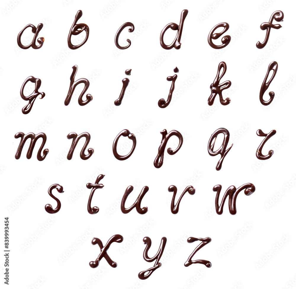 Lowercase letters of the Latin alphabet made of melted chocolate, isolated on a white background Lowercase letters of the Latin alphabet made of melted chocolate, isolated on a white background
