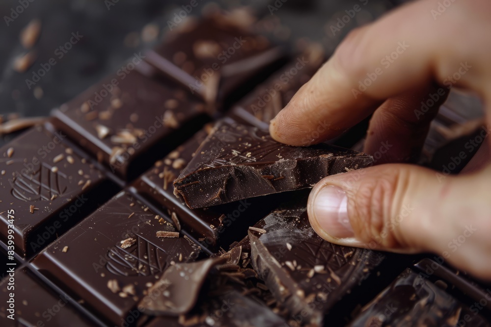Hand breaking a piece of dark chocolate from a chocolate bar Hand breaking a piece of dark chocolate from a chocolate bar