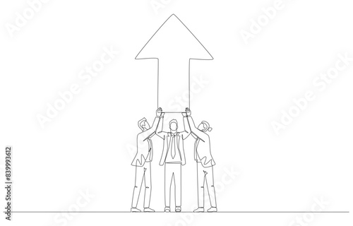 Continuous one line drawing of business people holding up arrow together, teamwork to success, support and partnership concept, single line art.