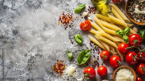 A black background with a variety of food items including tomatoes  basil  and cheese. Concept of abundance and variety  with the different food items arranged in a visually appealing manner