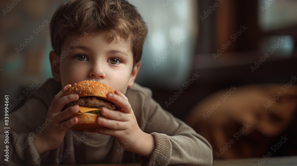 A boy is eating hamburger A boy is eating hamburger