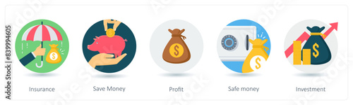 A set of 5 business icons as insurance, save money, profit