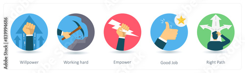 A set of 5 business icons as willpower, working hard, empower