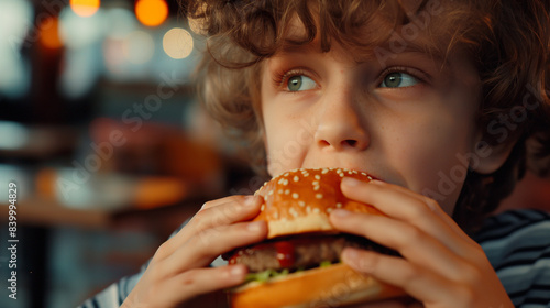 A kid is eating hamburger