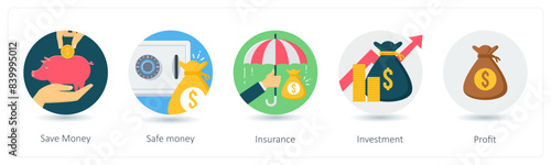 A set of 5 business icons as save money, safe money, insurance