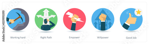 A set of 5 business icons as working hard, right path, empower