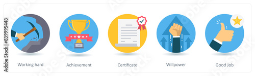 A set of 5 business icons as working hard, achievement, certificate