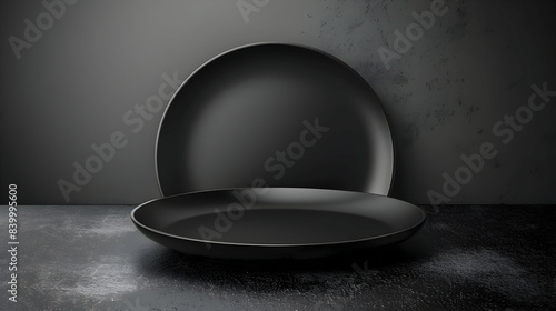 Isolated realistic luxury black round plate on the dark table 3d elegant wallpaper for premium cafe, restaurant, fine dining, food brand, menu photo