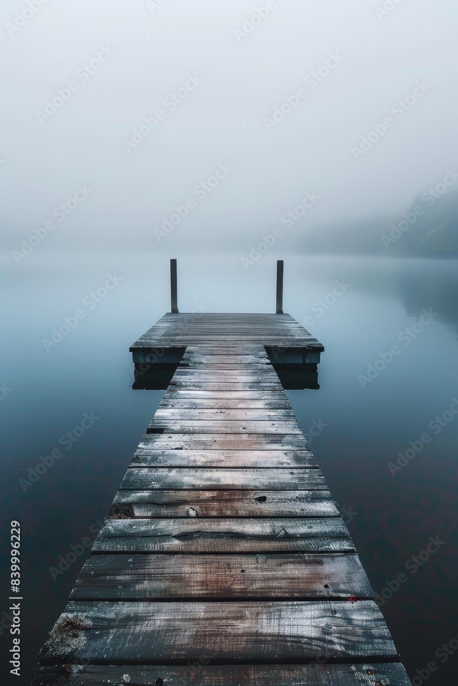 Fototapeta premium A wooden pier with a dock and a small boat. The water is calm and the sky is overcast