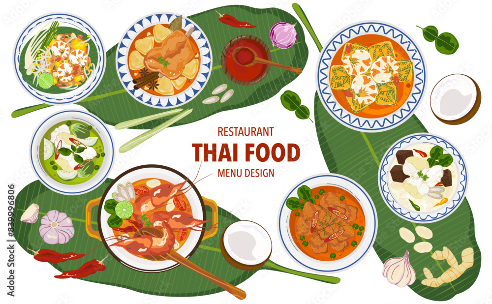 Set of vector banner illustrations with flat letters, delicious food. Thai food, red curry, tom yam, cooking from the top view, recipe, menu, restaurant for food design, poster. and background.
Set of vector banner illustrations with flat letters, delicious food. Thai food, red curry, tom yam, cooking from the top view, recipe, menu, restaurant for food design, poster. and background.