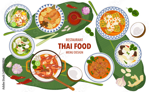Set of vector banner illustrations with flat letters, delicious food. Thai food, red curry, tom yam, cooking from the top view, recipe, menu, restaurant for food design, poster. and background.
