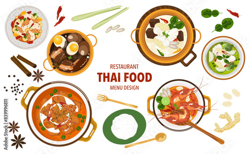 Set of vector banner illustrations with flat letters, delicious food. Thai food, red curry, tom yam, cooking from the top view, recipe, menu, restaurant for food design, poster. and background. 