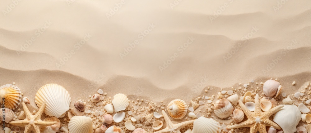 Naklejka premium A beach scene with sand and shells. The sand is a light tan color and the shells are scattered throughout the scene. Scene is calm and peaceful, as if one were walking along the beach