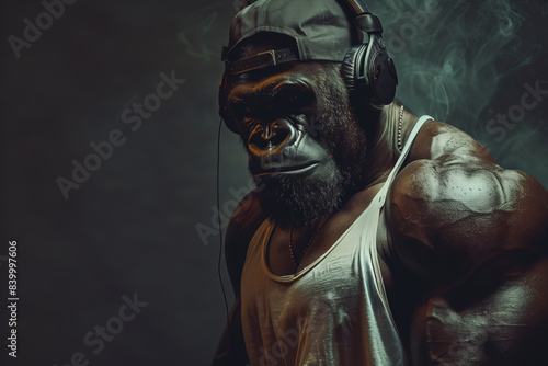 A powerful, muscular gorilla bodybuilder wearing a white tank top and a black baseball cap listens to music with headphones. He is standing in a dimly lit setting