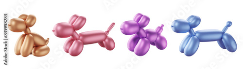 3d balloon dogs set. Bubble animals. Inflated toys. Metallic puppy sculpture render. Multicolored glossy vector illustration. Isolated cartoon creative design element. Funny twisted party figurine.