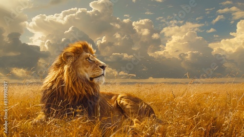 A lone lion relaxes in a field of tall golden grass