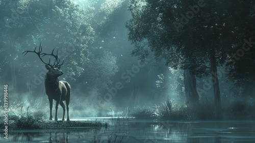 A majestic buck stands by a forest stream at dawn, with sunlight filtering through the trees