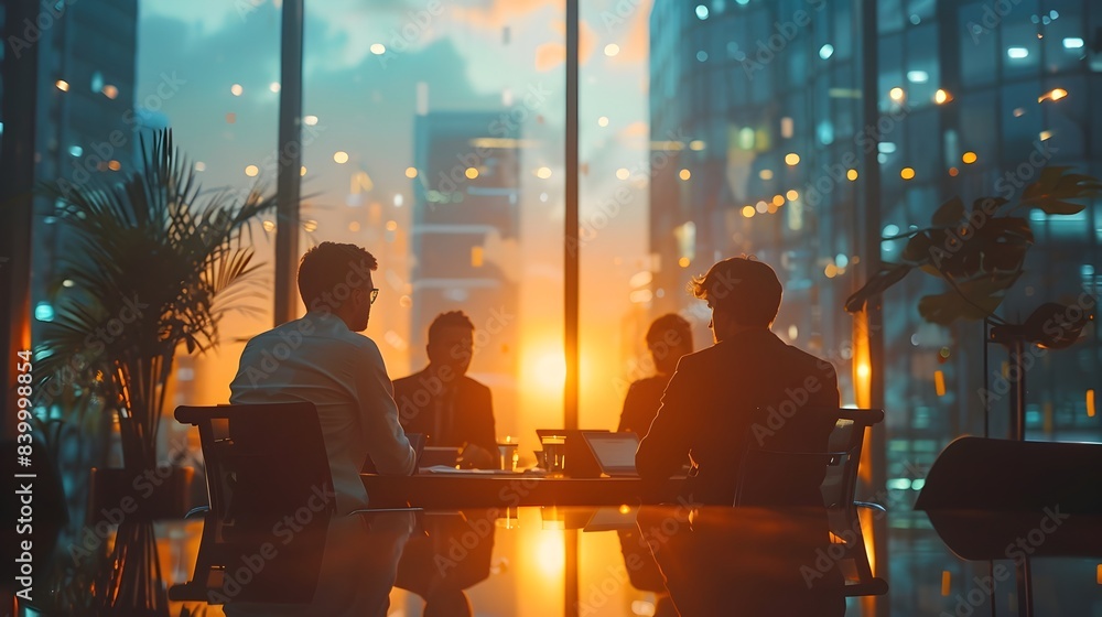 Focused Team Brainstorming in a Modern Office at Sunset Focused Team Brainstorming in a Modern Office at Sunset