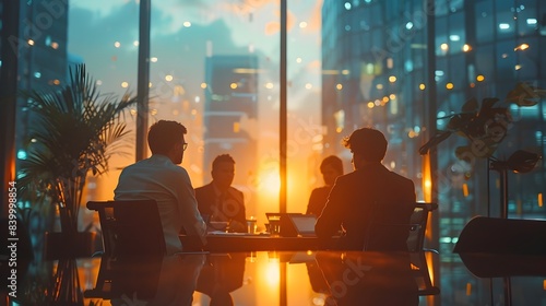 Focused Team Brainstorming in a Modern Office at Sunset